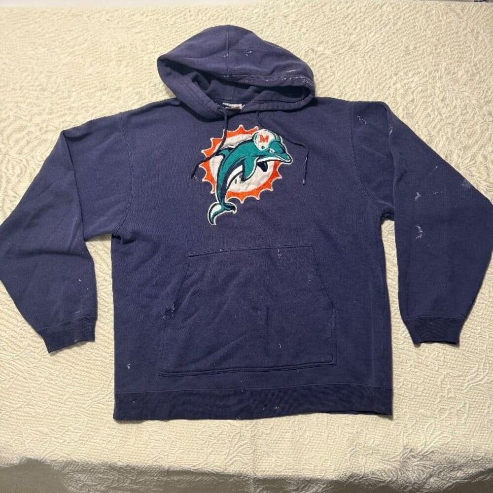 Vintage Miami Dolphins NFL Distressed Paint Splatter Pullover Hoodie Size L